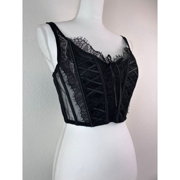 Victoria's Secret women's XL black lace corset crop top boned faux lace up front - Picture 2 of 9
